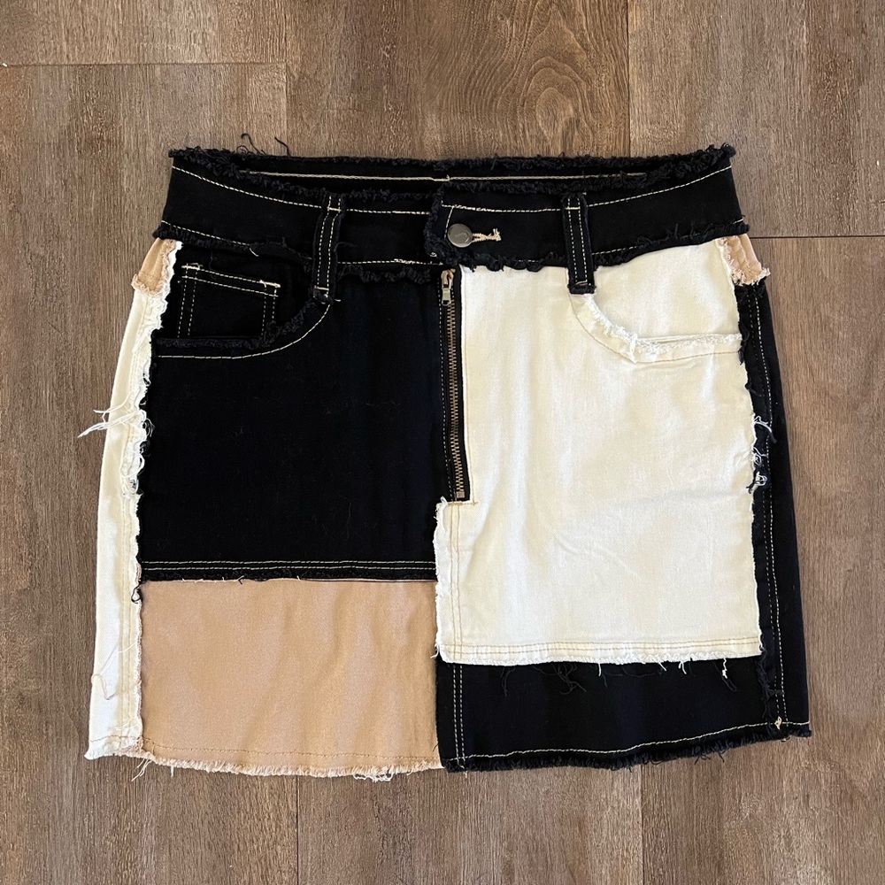 Patchwork Distressed Mini Skirt in Black, Cream & Tan